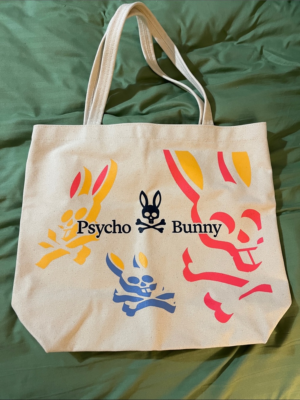 Psycho Bunny Cream Canvas Tote with Pink, Yellow & Blue Logos